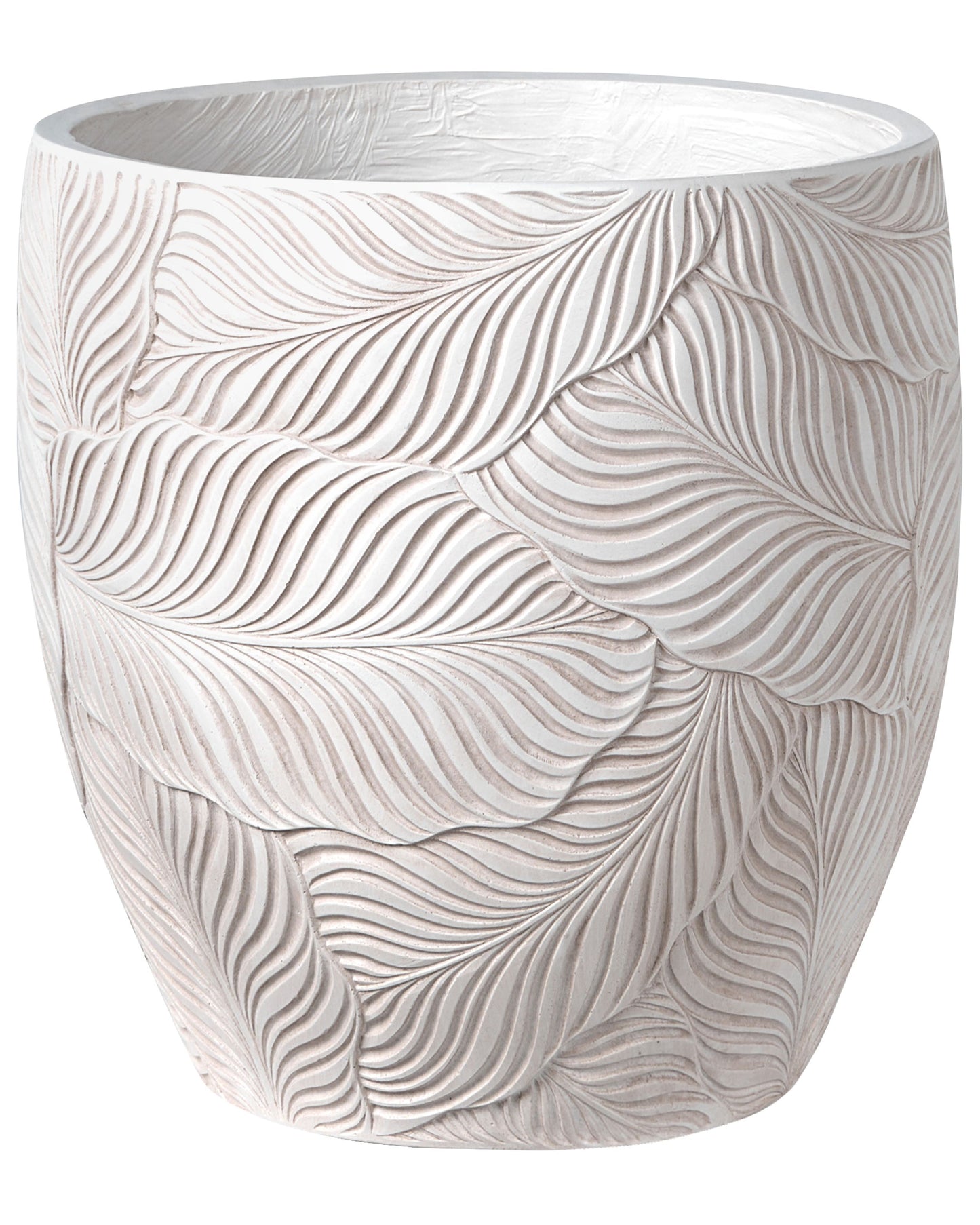 Beige Fibre Clay Flower Pot Light With Leaf Pattern Round 42cm Indoor Outdoor Planter