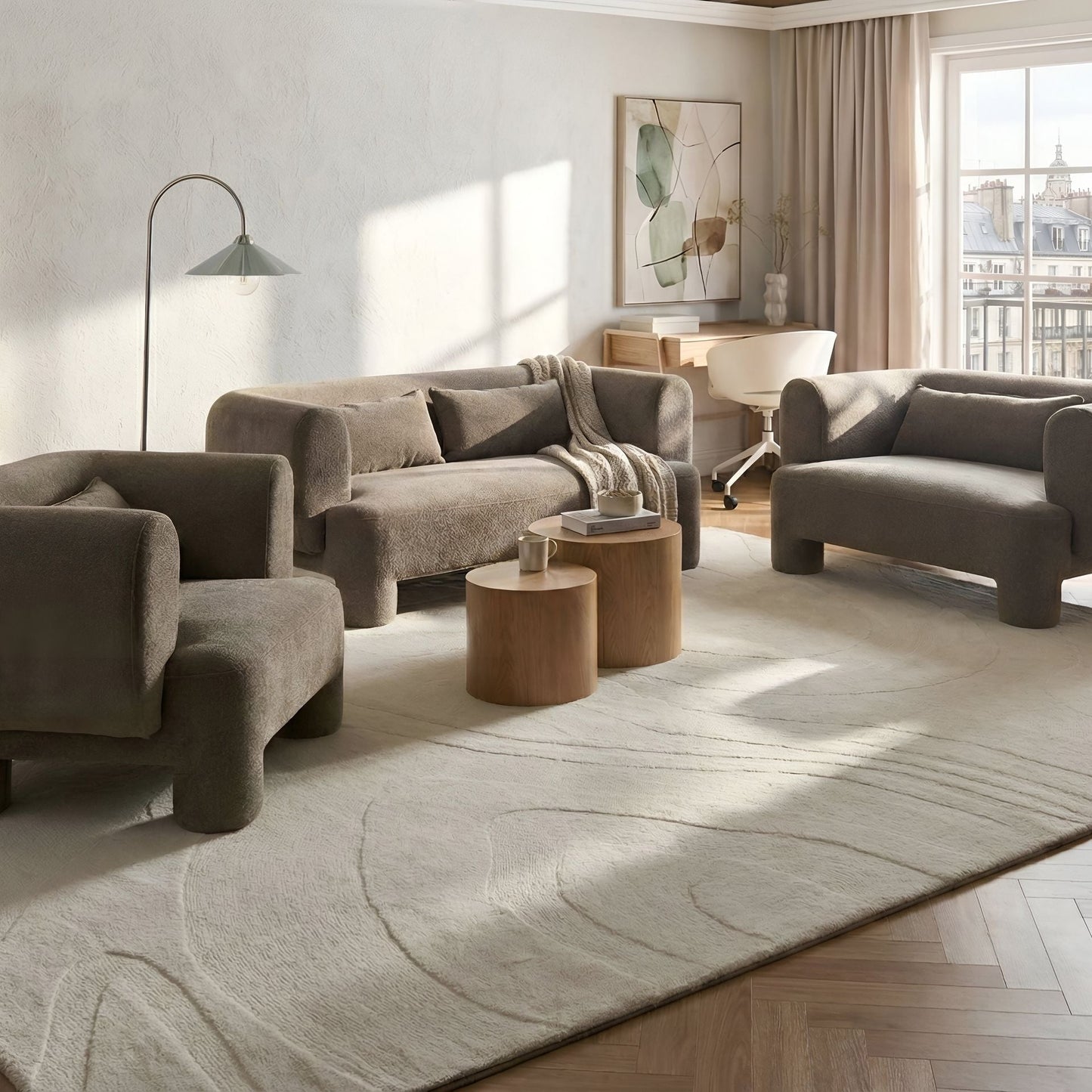 Soft Curved Brown Fabric 3 Seater Sofa Set Loveseat