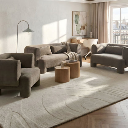 Soft Curved Brown Fabric 3 Seater Sofa Set Loveseat