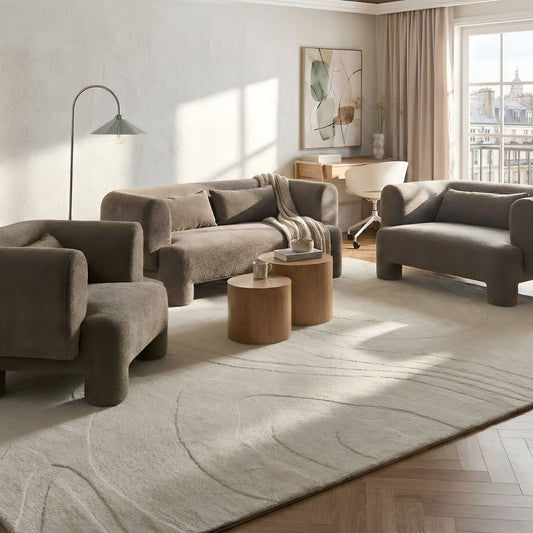 Soft Curved Brown Fabric 3 Seater Sofa Set Loveseat