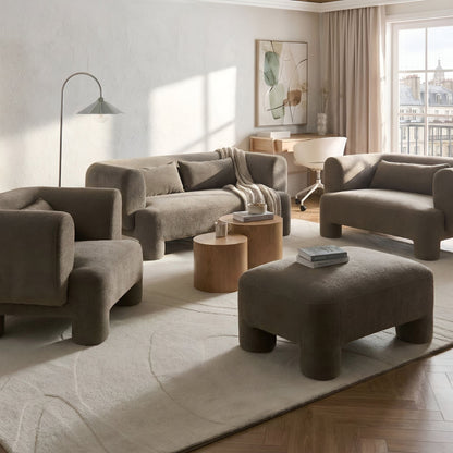 Retro Minimalist Living Room Set Brown Fabric Soft Curved 3 Seater Sofa