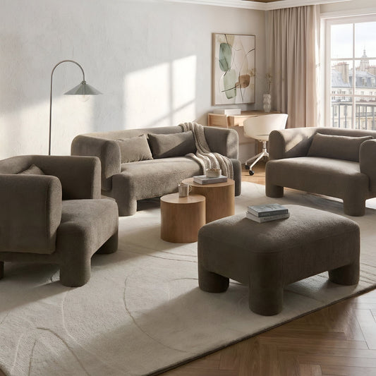 Retro Minimalist Living Room Set Brown Fabric Soft Curved 3 Seater Sofa