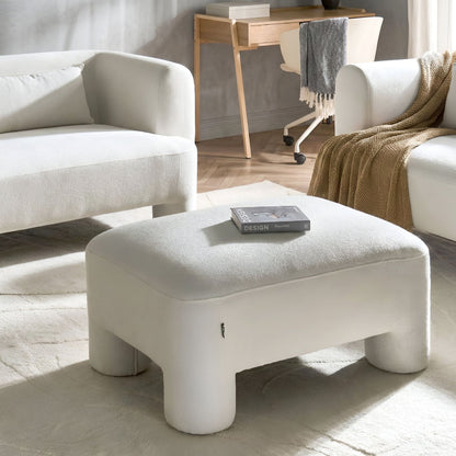 White Fabric Ottoman with Plush Texture and Cylindrical Legs Organic Style