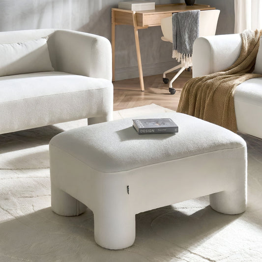White Fabric Ottoman with Plush Texture and Cylindrical Legs Organic Style