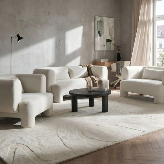Curved White Fabric Living Room Set Sofa Loveseat Armchair
