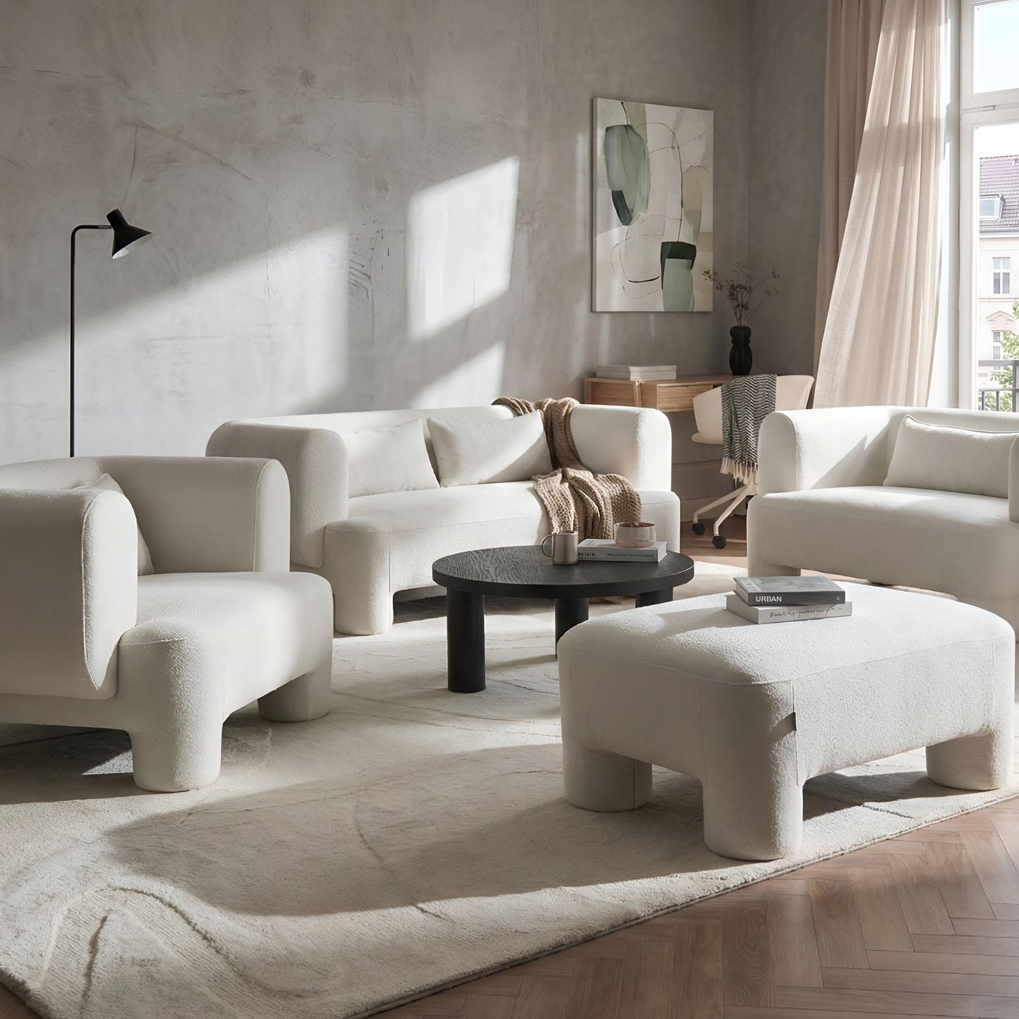 Living Room Set White Fabric Soft Curved 3 Seater Sofa