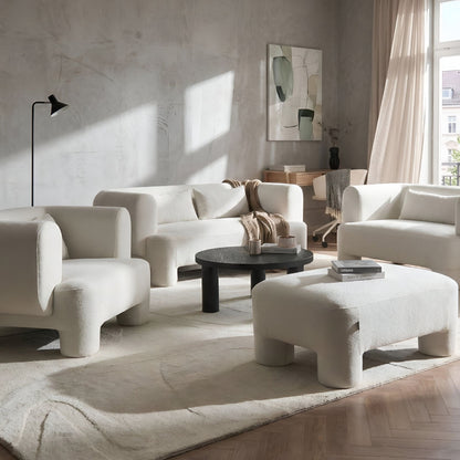 Living Room Set White Fabric Soft Curved 3 Seater Sofa