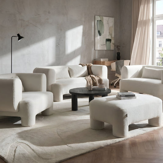 Living Room Set White Fabric Soft Curved 3 Seater Sofa