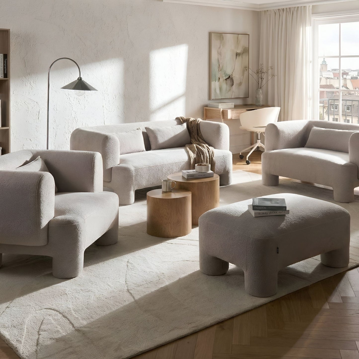 Home Living Room Set Dark Beige Soft Curved 3 Seater Sofa