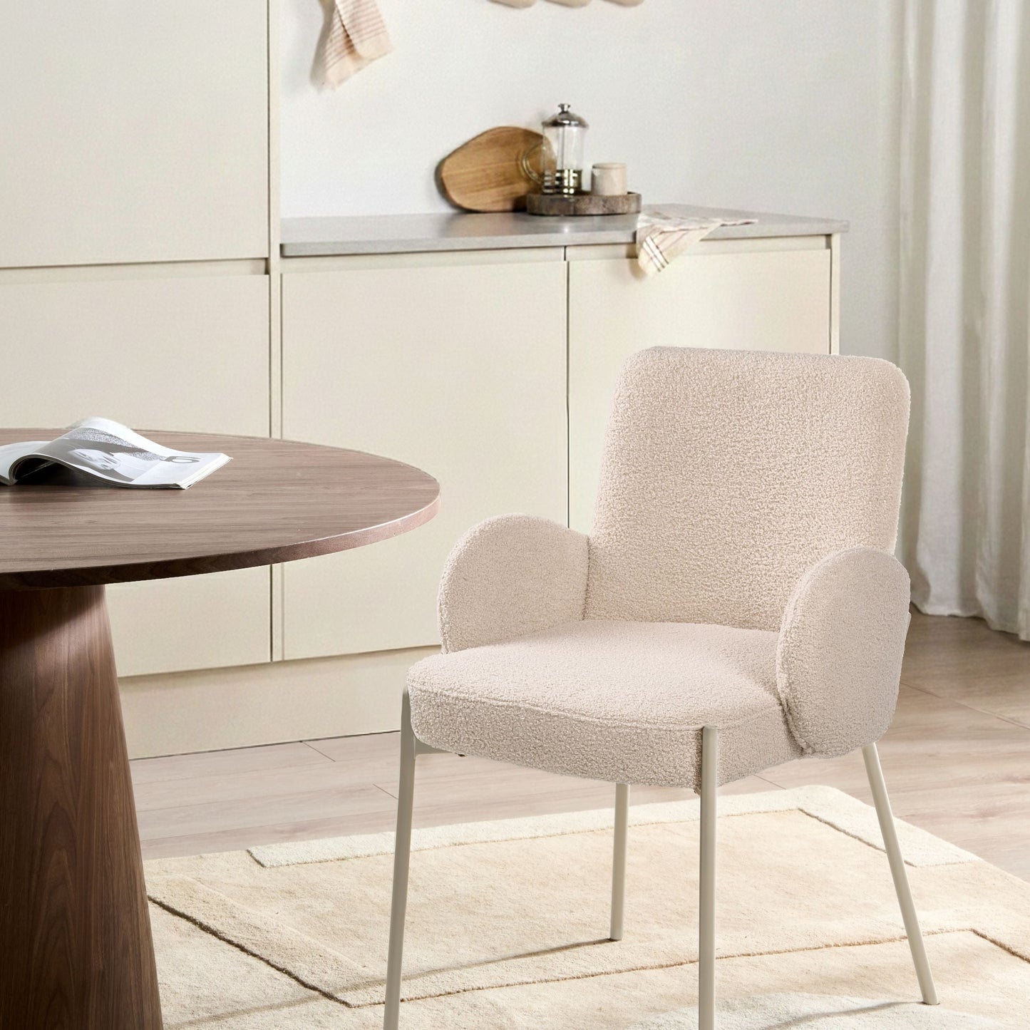 Dining Chair Light Beige Boucle Upholstery Iron Frame Retro Design For Sophisticated Dining Rooms