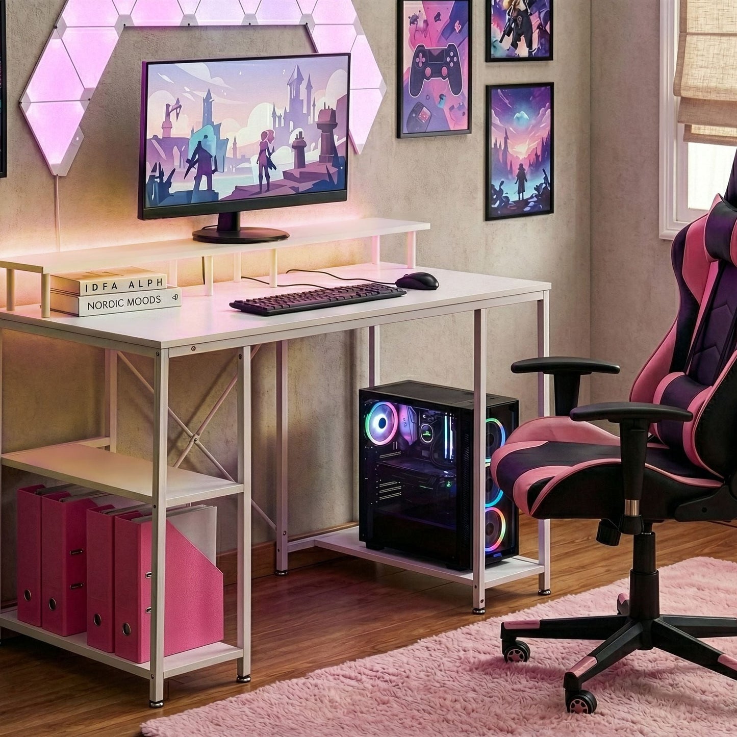 NovaTech Gaming Desk White LED 3-Shelf With Monitor Stand