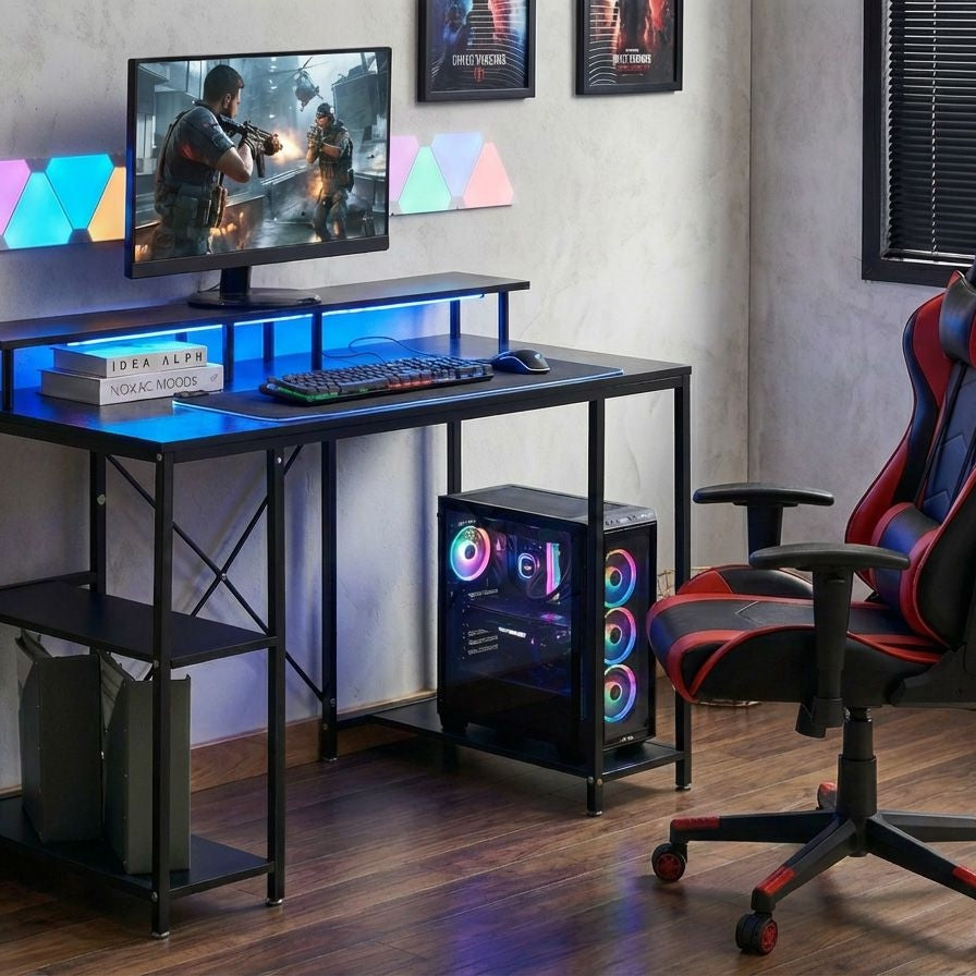 NovaTech Gaming Desk Black MDF Tabletop Iron Frame With LED 3 Shelves