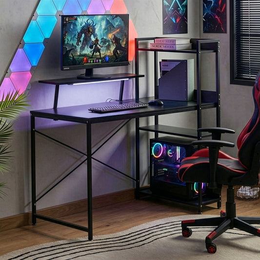 Lumina LED Gaming Desk Black MDF Top Iron Frame 5 Shelves