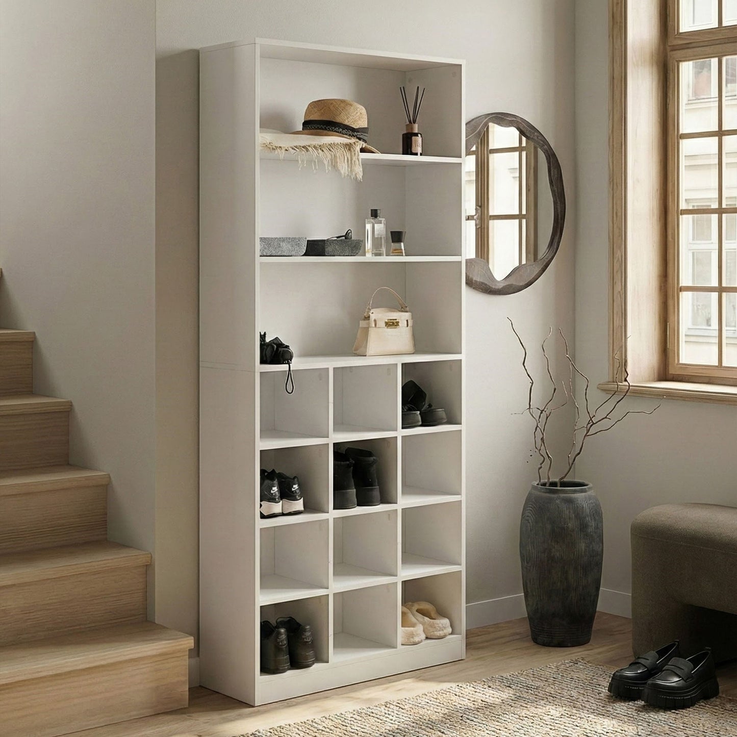 LuxeHome White MDF Melamine Finish Shoe Storage Cabinet Tall Organizer For Shoes And Home Accessories