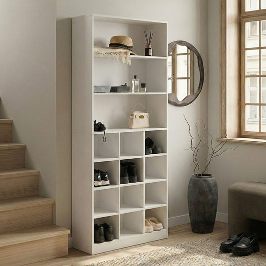 LuxeHome White MDF Melamine Finish Shoe Storage Cabinet Tall Organizer For Shoes And Home Accessories