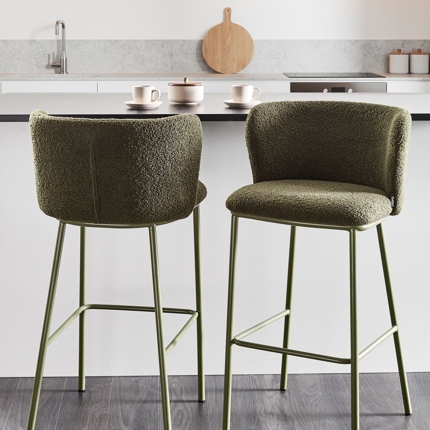 Set Of 2 Dark Green Boucle Bar Chairs With Black Metal Legs Armless Curved Backrest Modern Dining Stools