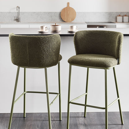 Set Of 2 Dark Green Boucle Bar Chairs With Black Metal Legs Armless Curved Backrest Modern Dining Stools