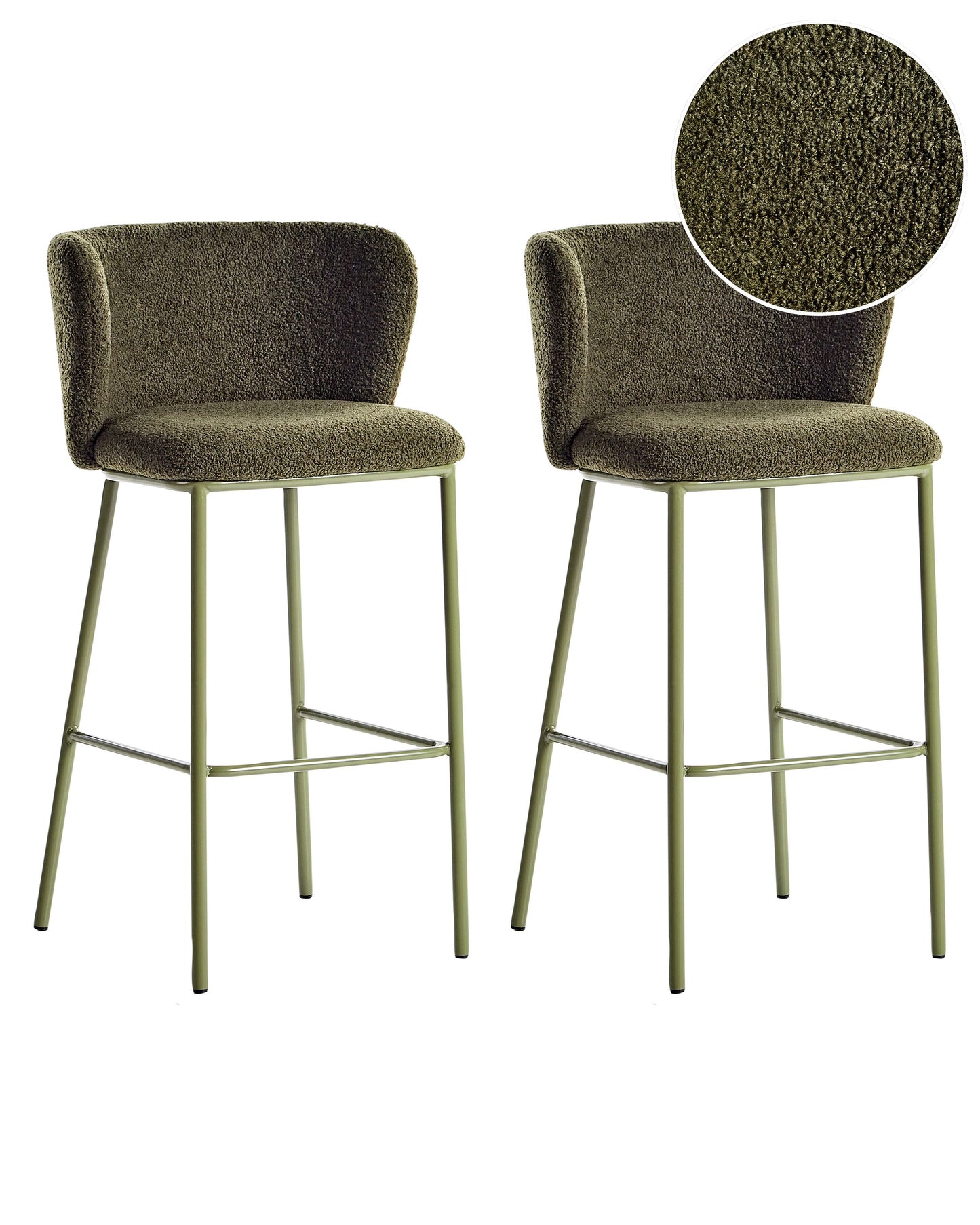 Set Of 2 Dark Green Boucle Bar Chairs With Black Metal Legs Armless Curved Backrest Modern Dining Stools
