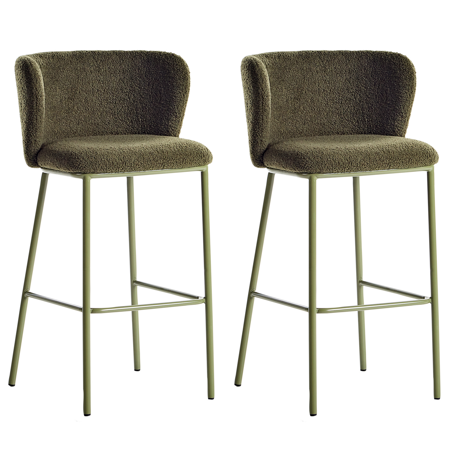 Set Of 2 Dark Green Boucle Bar Chairs With Black Metal Legs Armless Curved Backrest Modern Dining Stools