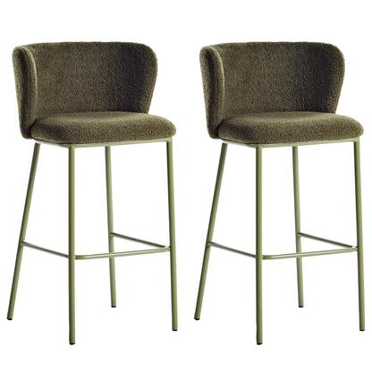 Set Of 2 Dark Green Boucle Bar Chairs With Black Metal Legs Armless Curved Backrest Modern Dining Stools