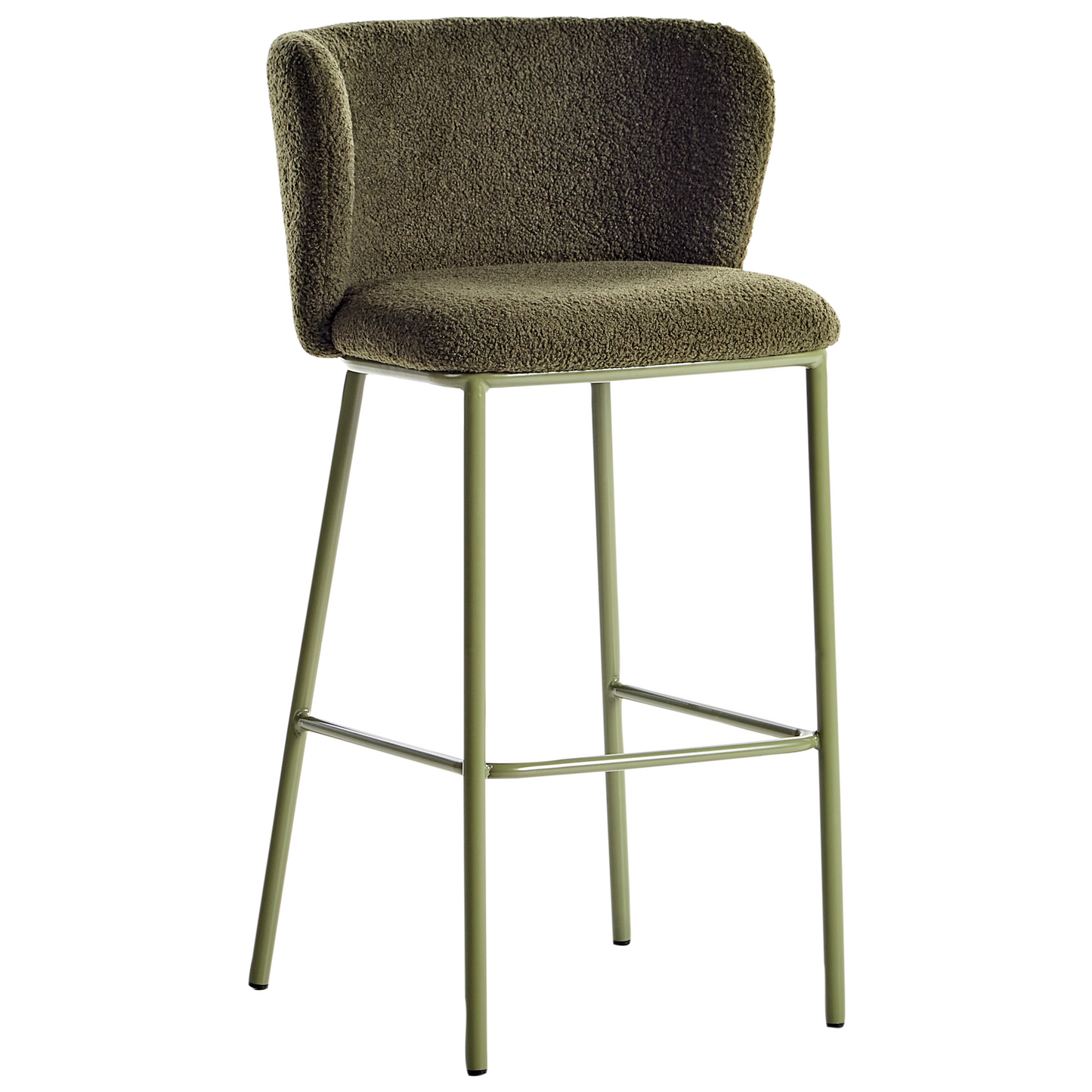 Set Of 2 Dark Green Boucle Bar Chairs With Black Metal Legs Armless Curved Backrest Modern Dining Stools