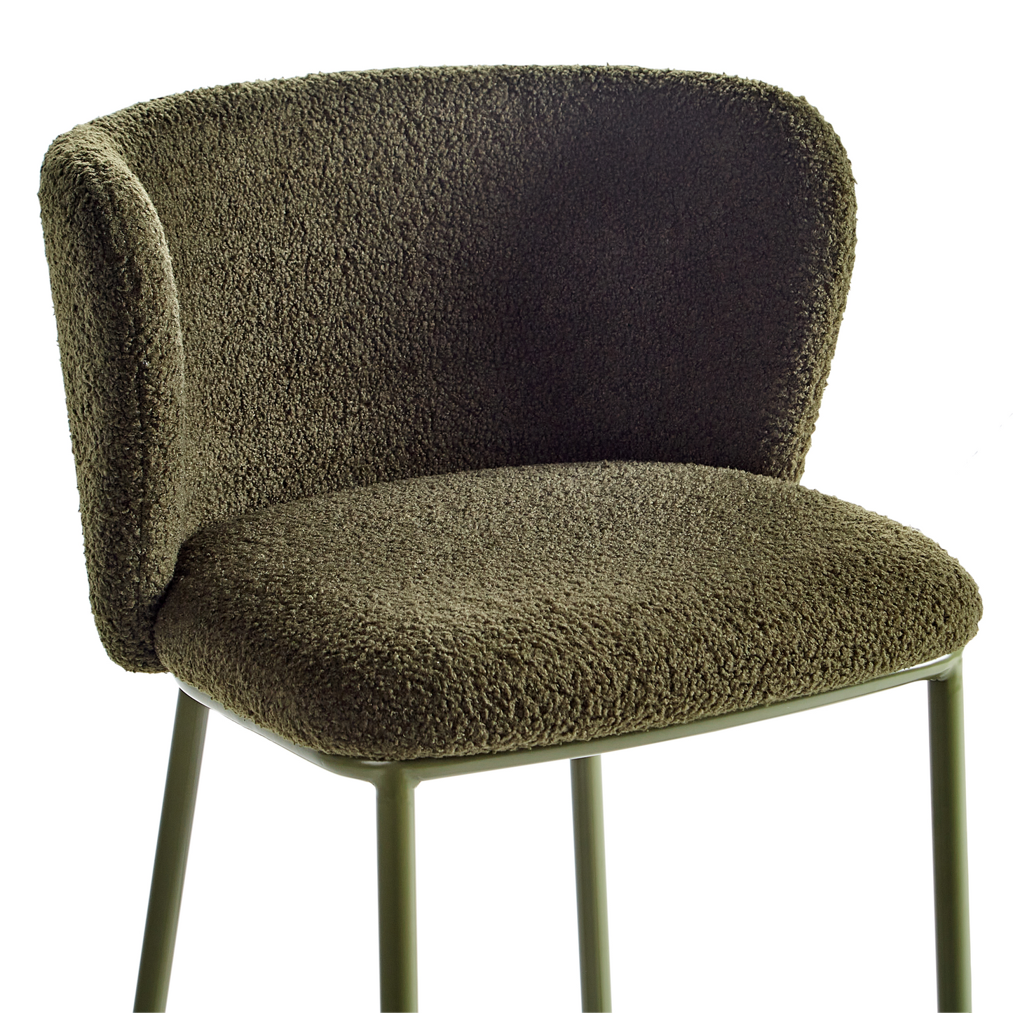 Set Of 2 Dark Green Boucle Bar Chairs With Black Metal Legs Armless Curved Backrest Modern Dining Stools