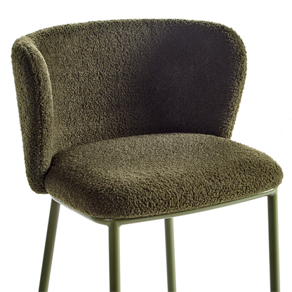 Set Of 2 Dark Green Boucle Bar Chairs With Black Metal Legs Armless Curved Backrest Modern Dining Stools