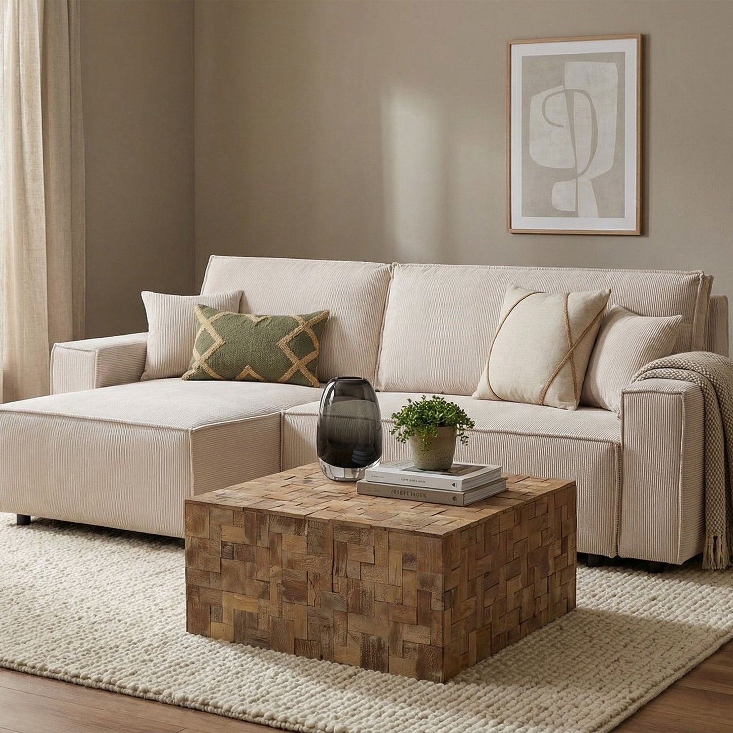 Gambo Coffee Side Table Brown Matte Finish Geometric Teak Wood