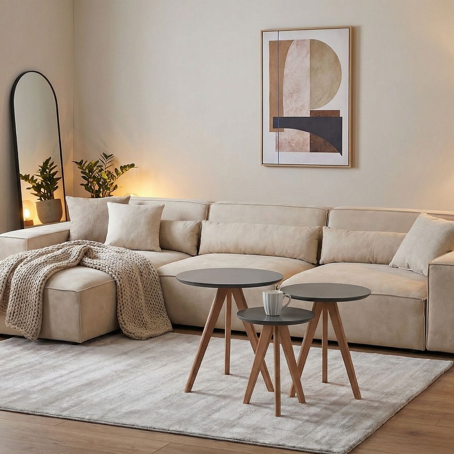 Nest of 3 Tables Grey Top Tripod Beech Legs