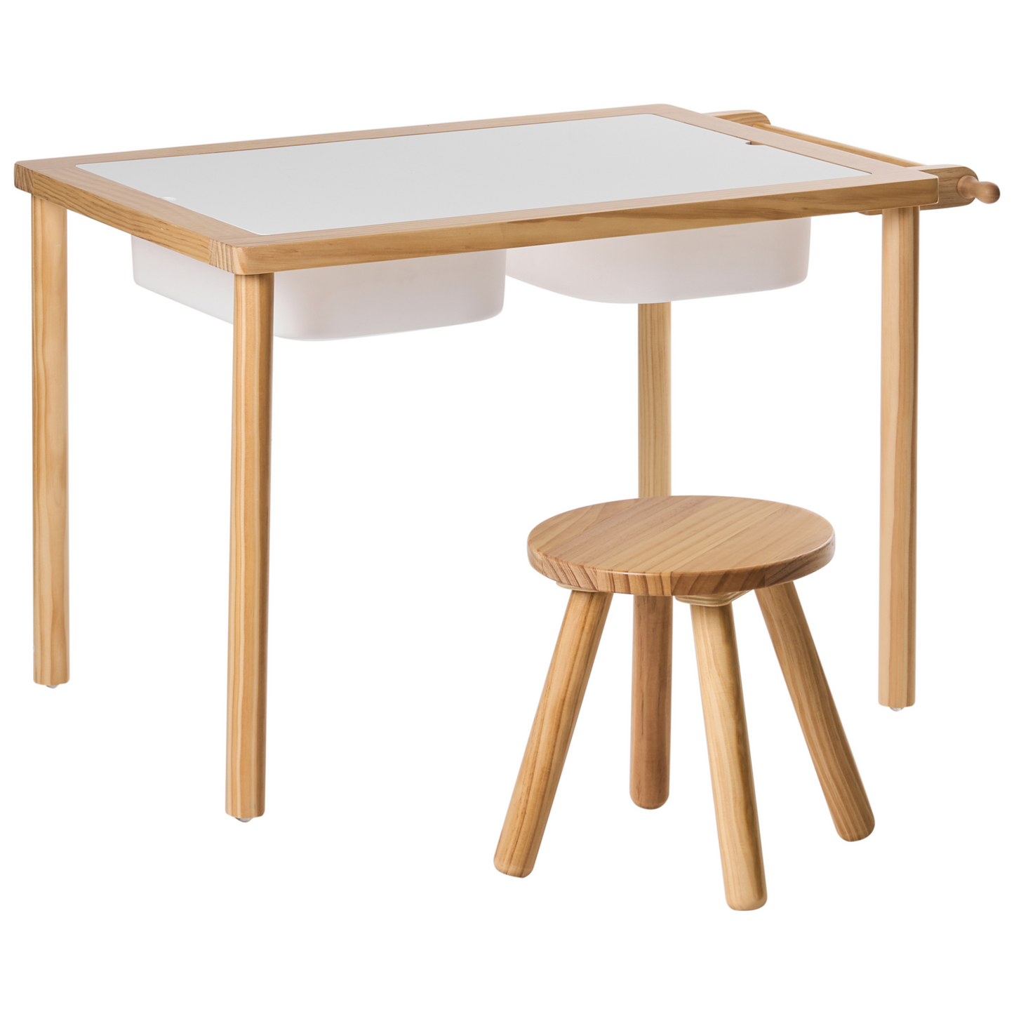 Montessori Kids Table And Stool Set Light Brown Pine Wood With Paper Roll And Chalkboard