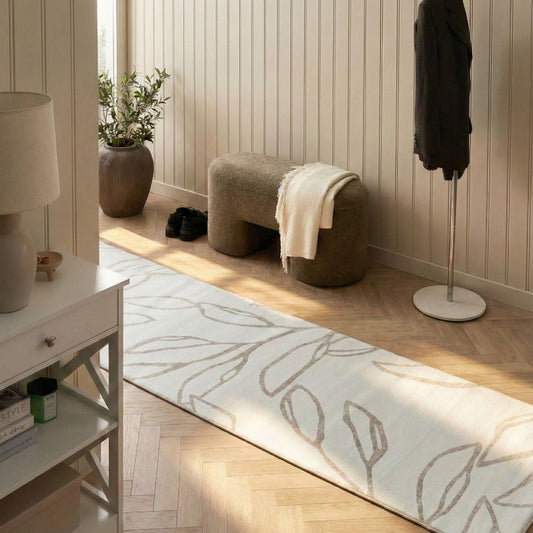 Runner Rug Light Beige Fabric 80 X 300cm Anti-Slip Underfloor Heating Low-Pile Modern Leaves Pattern