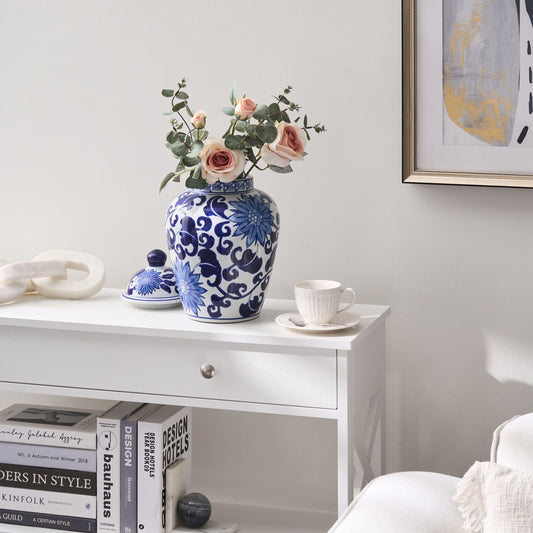 Living White and Blue Lidded Ginger Jar Vase Porcelain