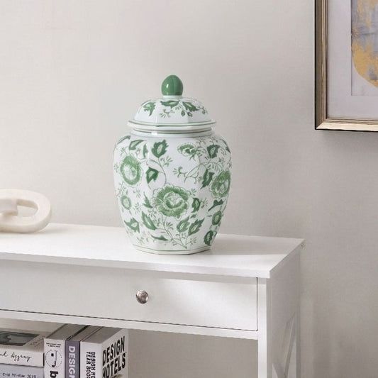 Heritage Ceramics Lidded Ginger Jar Vase White And Green Porcelain Floral Decor Antique