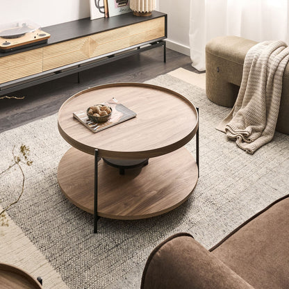 Round Coffee Table 78cm Dark Brown Wood Knot Top with Black Metal Frame