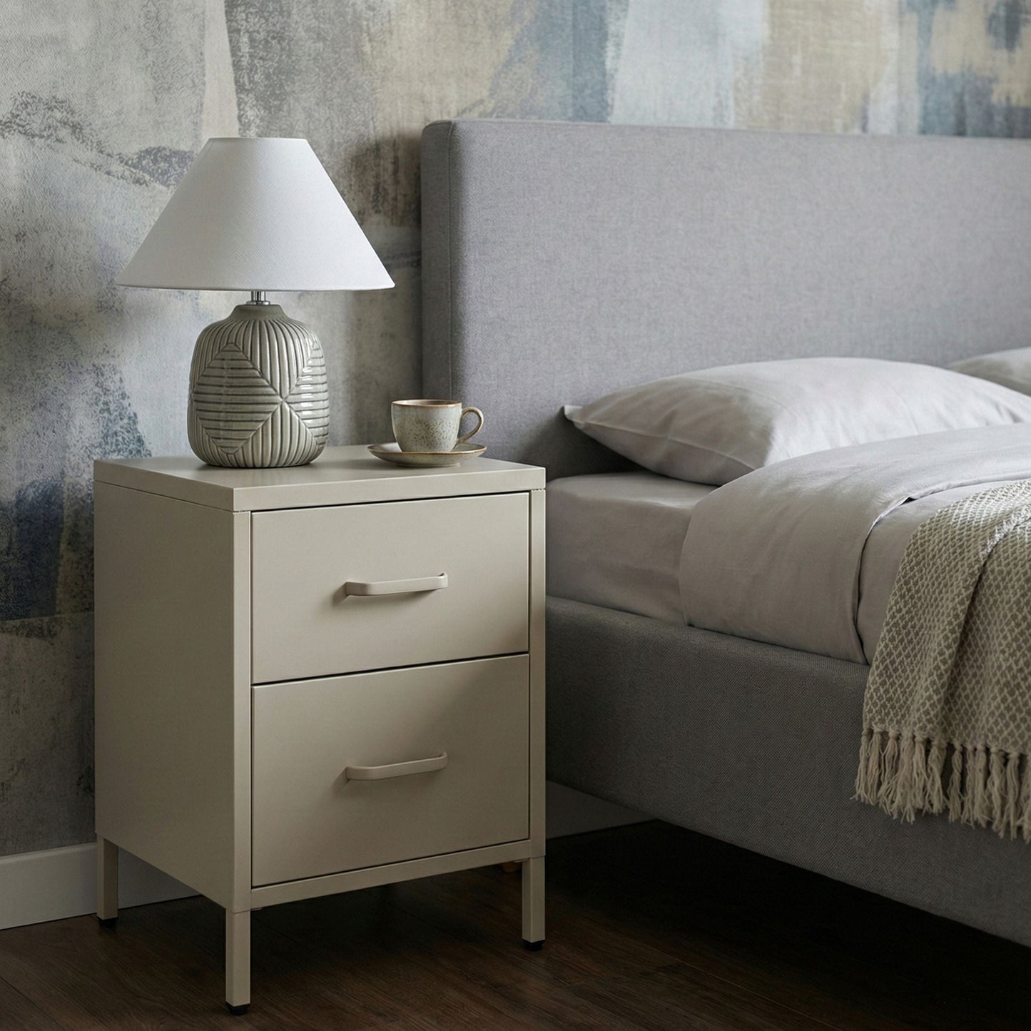 Bedside Table Beige Steel Nightstand Industrial 2 Drawers