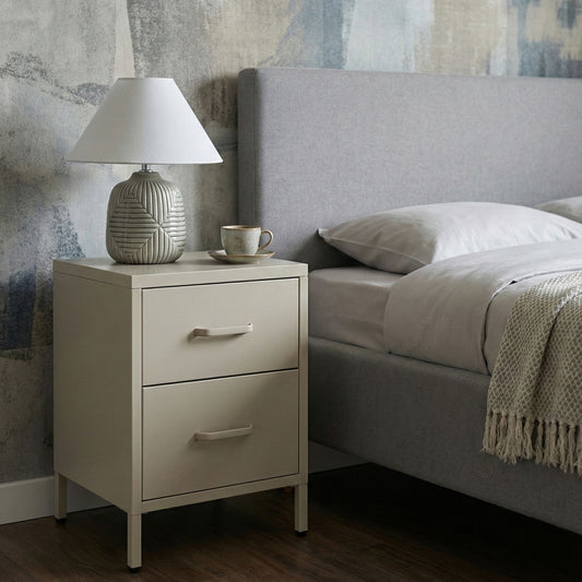 Bedside Table Beige Steel Nightstand Industrial 2 Drawers