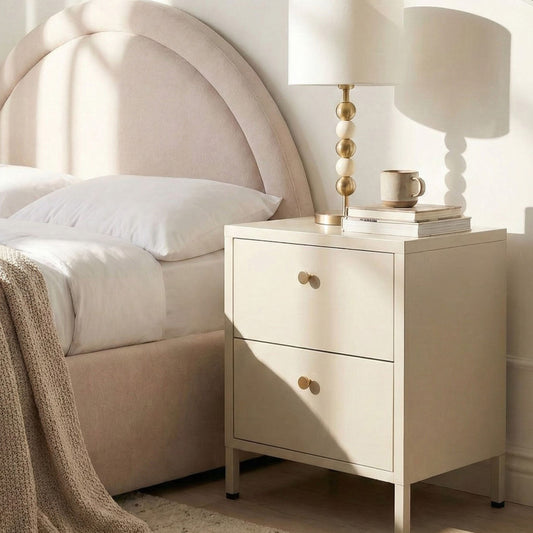 Bedside Table Beige Steel Nightstand With Industrial Design And 2 Drawers