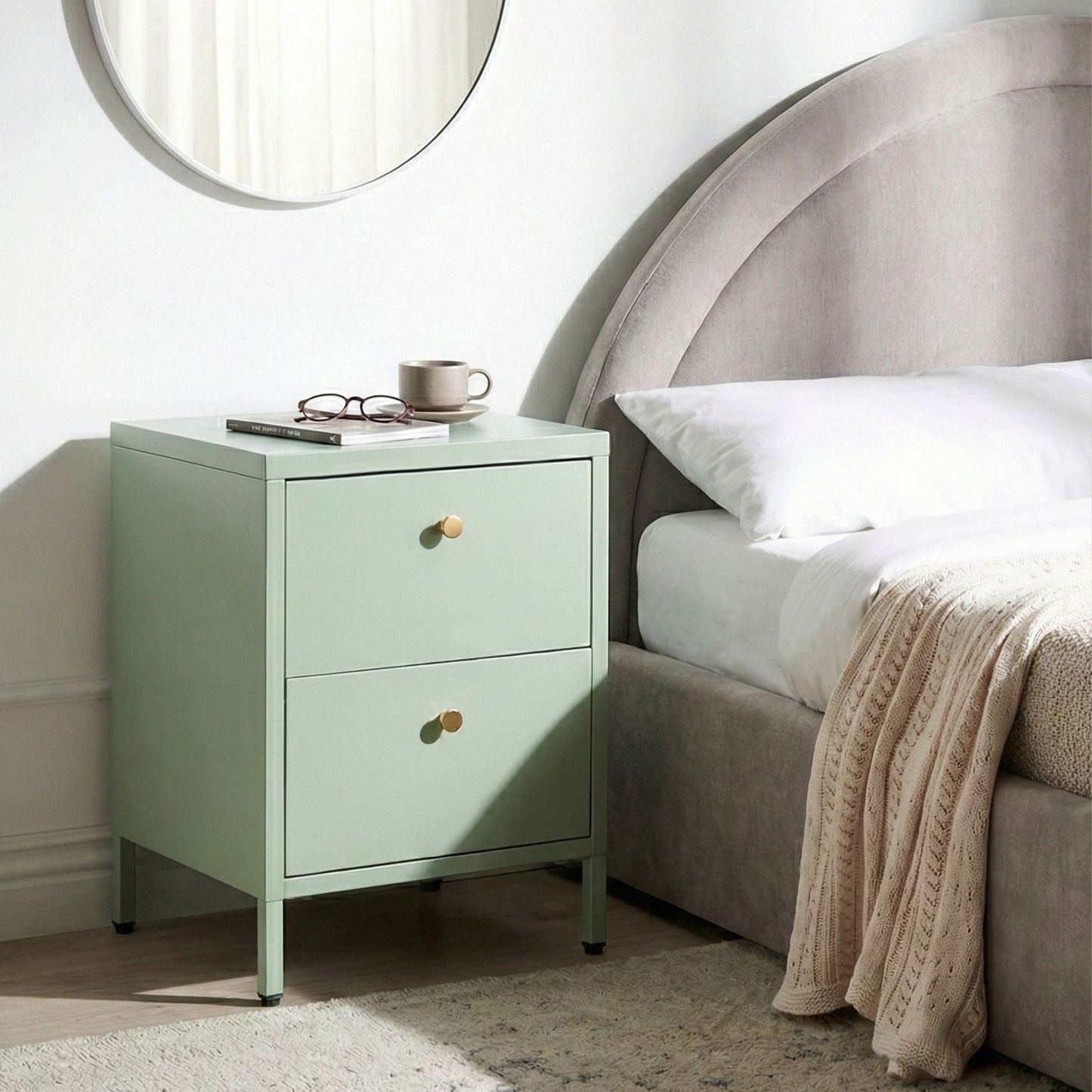Mint Green Steel Bedside Table With 2 Drawers Industrial
