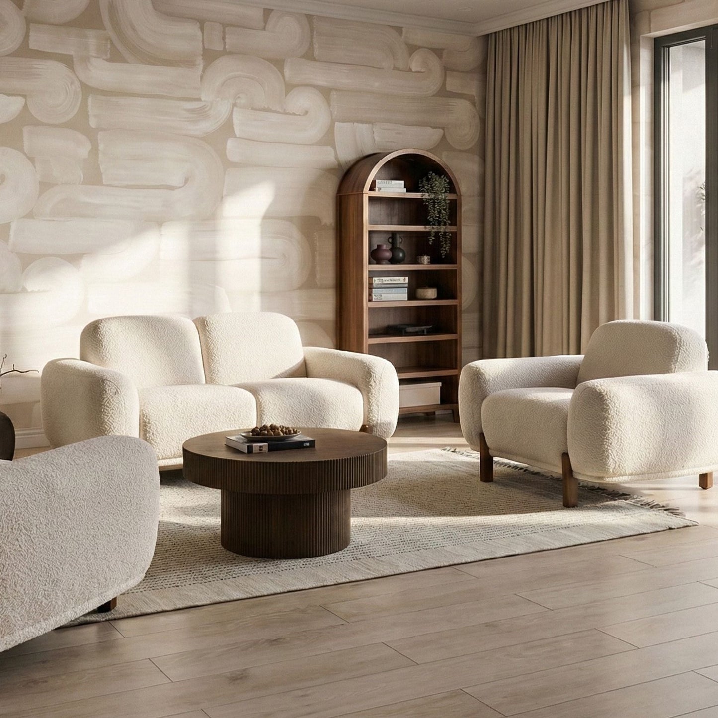 White Boucle 4 Seater Living Room Set With 2 Seater Sofa And 2 Armchairs Low Curvilinear