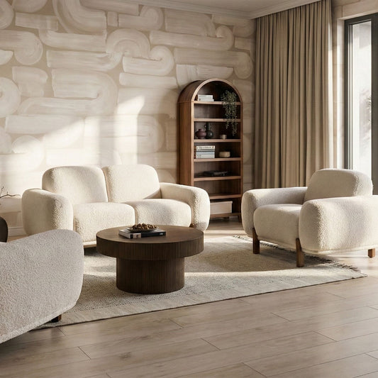 White Boucle 4 Seater Living Room Set With 2 Seater Sofa And 2 Armchairs Low Curvilinear