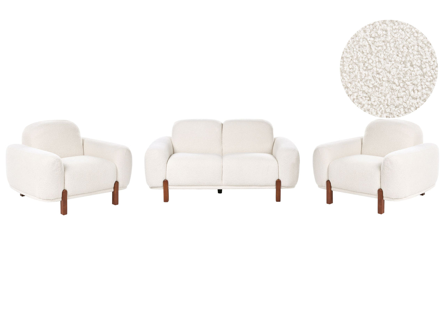 White Boucle 4 Seater Living Room Set With 2 Seater Sofa And 2 Armchairs Low Curvilinear