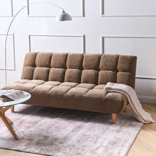 Sofa Bed 2 Seater Brown Fabric with Adjustable Backrest Wooden Legs