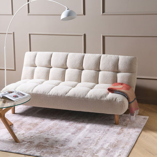 Sofa Bed Off White Boucle Upholstery 2 Seater With Wooden Legs Tufted Backrest Armless