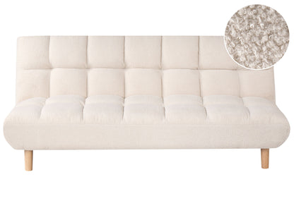 Sofa Bed Off White Boucle Upholstery 2 Seater With Wooden Legs Tufted Backrest Armless