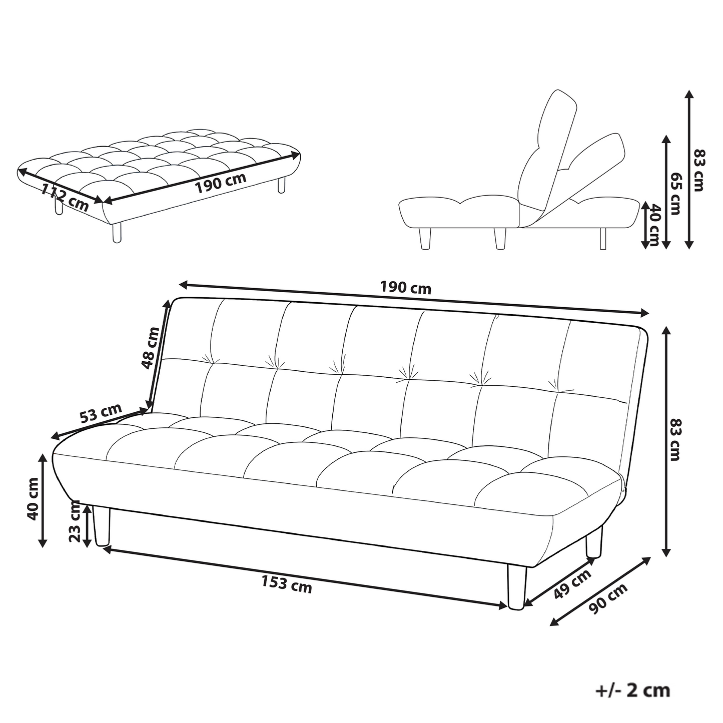 Sofa Bed Off White Boucle Upholstery 2 Seater With Wooden Legs Tufted Backrest Armless