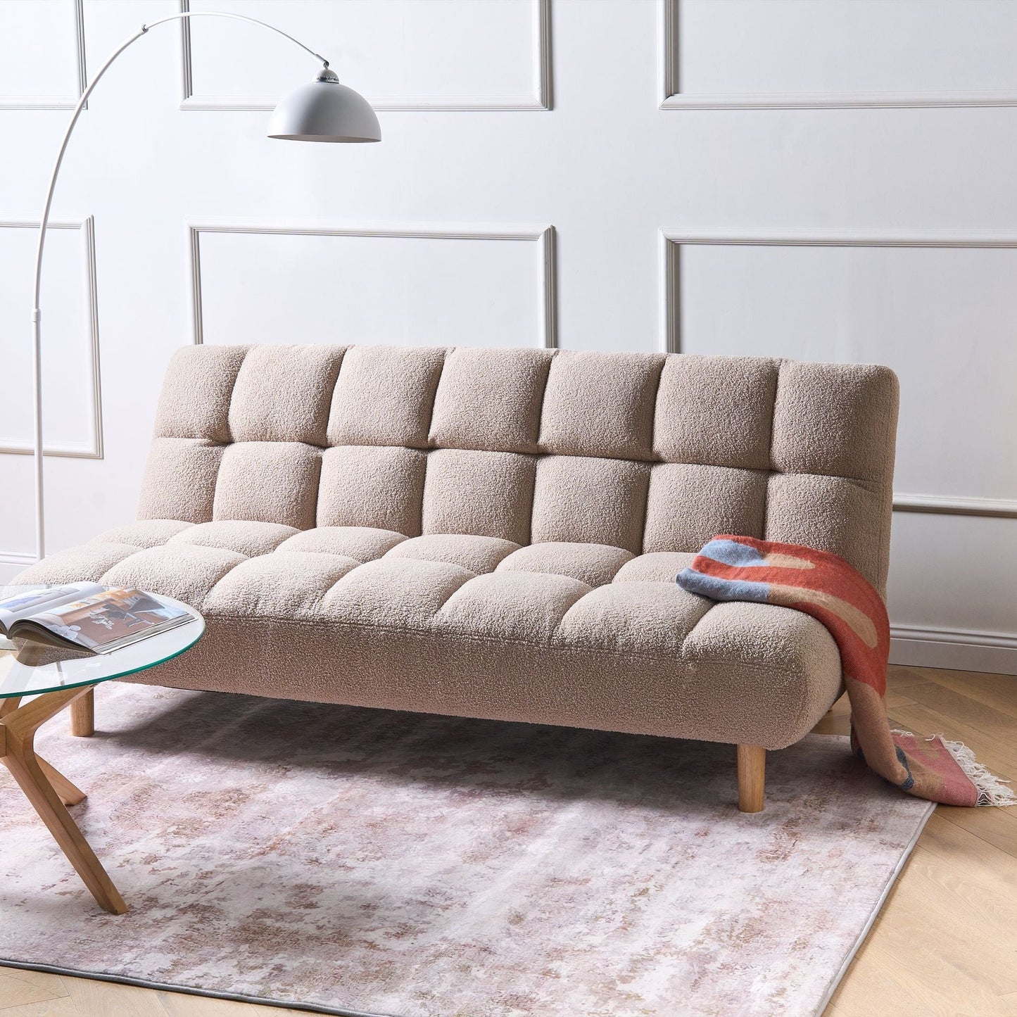 Sofa Bed Beige Boucle 2 Seater Adjustable Backrest