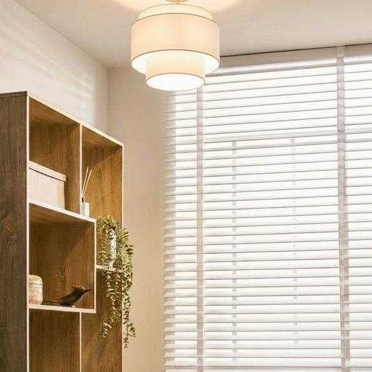 Pendant Lamp Off-White Metal Base Layered Fabric Shade
