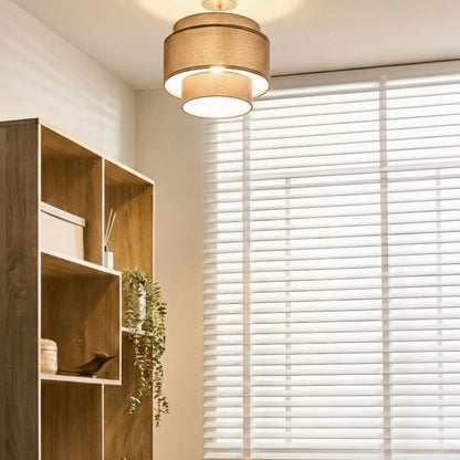 Pendant Lamp Brown Metal Base Layered Fabric Shade Modern Living Room Ambient