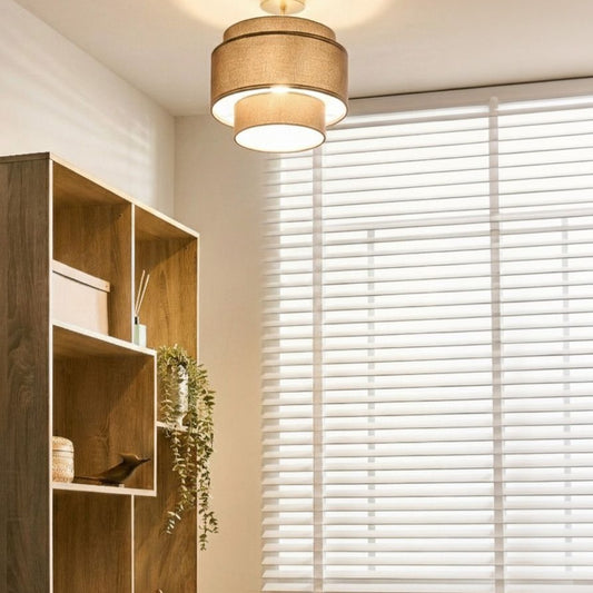 Pendant Lamp Brown Metal Base Layered Fabric Shade Modern Living Room Ambient