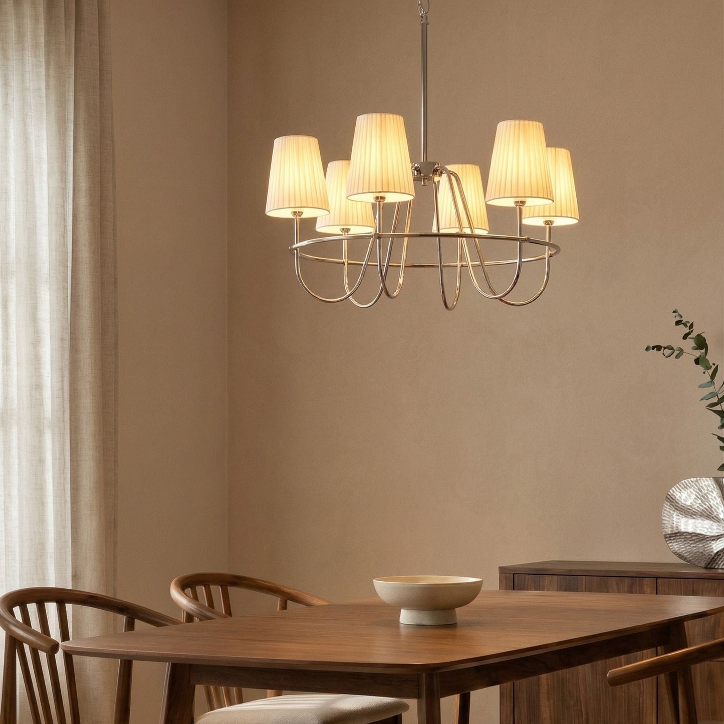 Six Light Pendant Chandelier Silver Fabric Shades